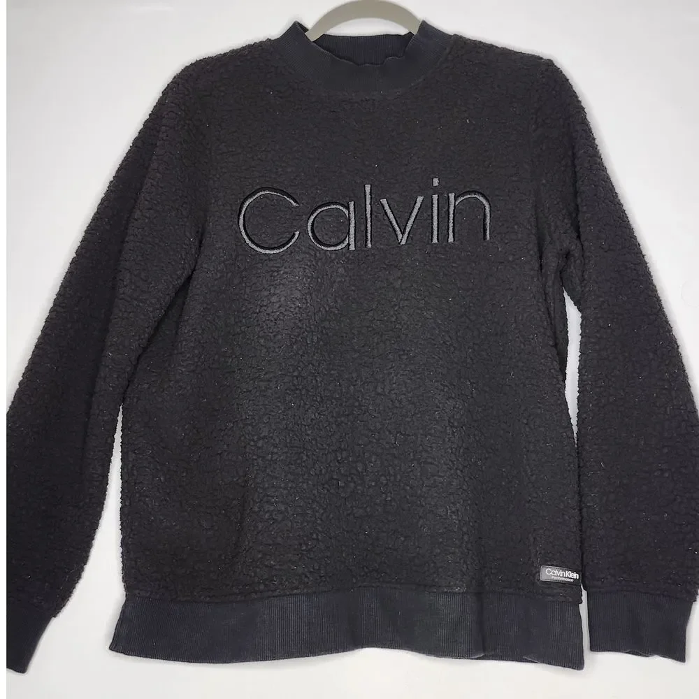 Calvin Klein Womans Med Performance Wick Sherpa Crew Sweatshirt Black‎